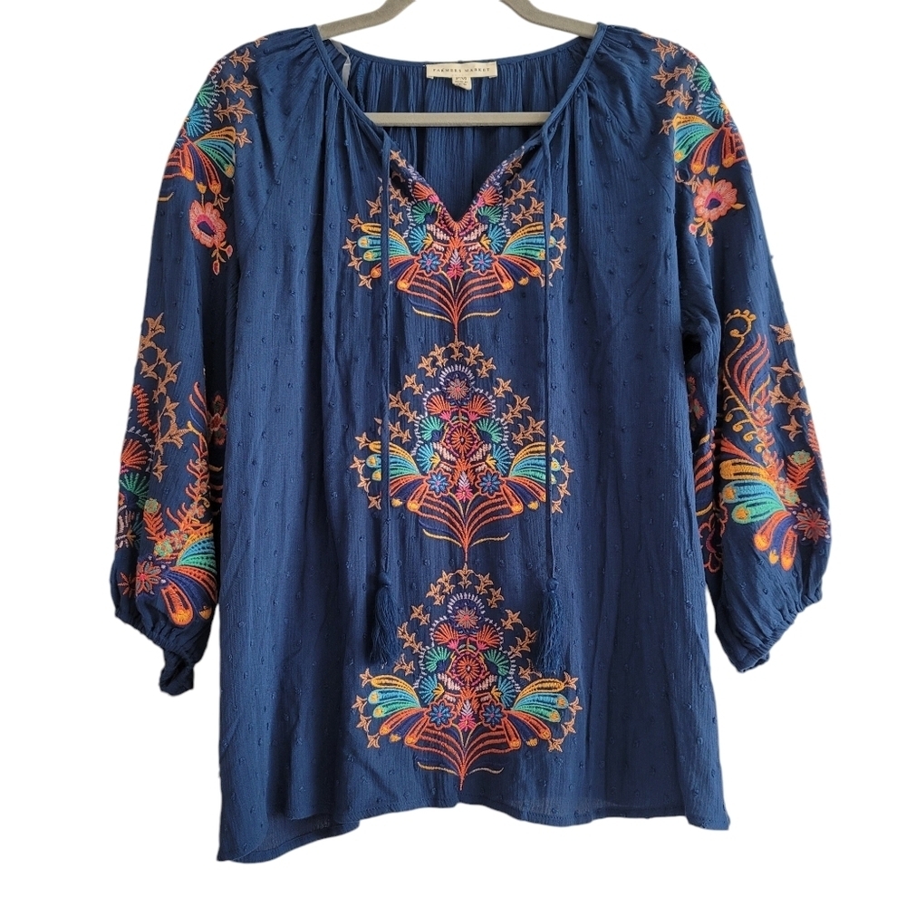 NEW Embroidered Floral V-Neck Balloon Sleeve Shirt Blue Swiss Dot Boho Hippie